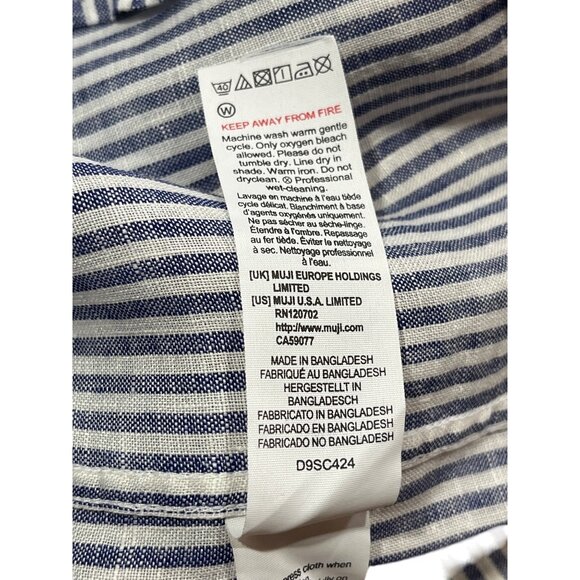 Muji Blue & White Striped Button-Down Shirt Long Sleeve Linen Blend Large - Picture 4 of 6
